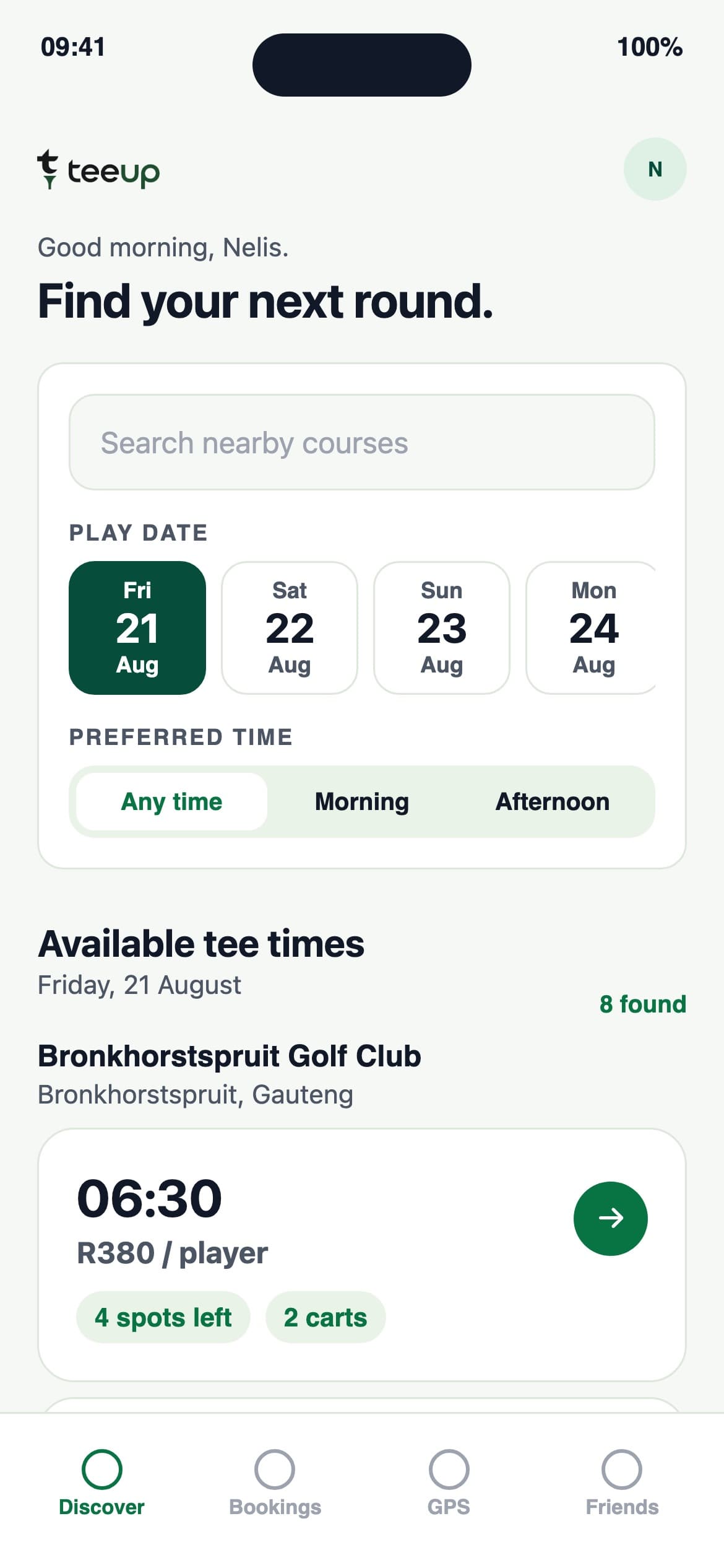TeeUp app preview showing course search and example tee times. Demonstration content, not live booking availability.
